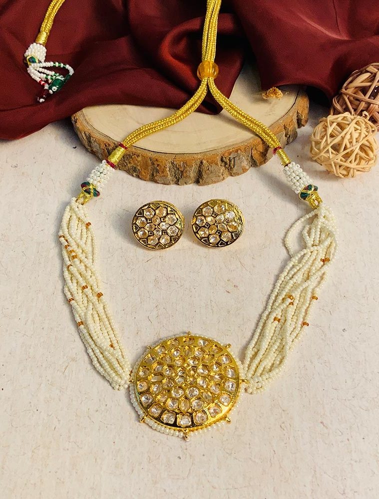 Beautiful Multi Layers White Beads Choker with Kundan Pendant