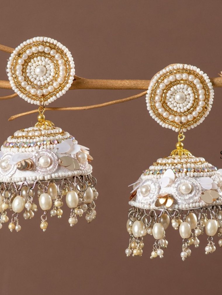 Classy Handmade Beaded White Jhumkas