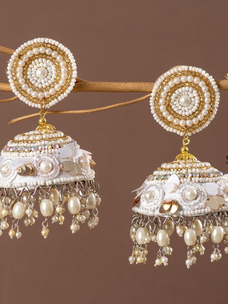 Classy Handmade Beaded White Jhumkas