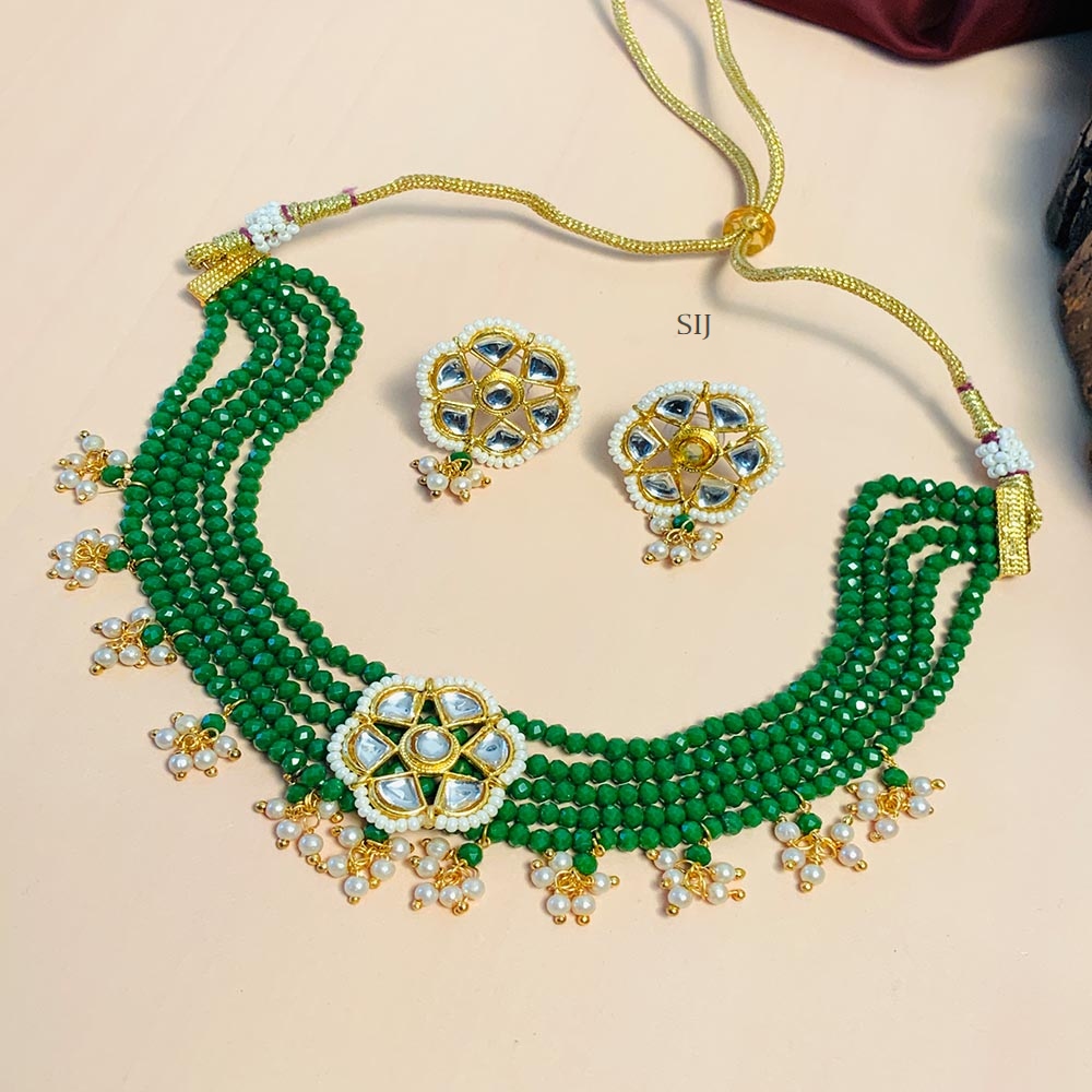 Cute Multi Layers Green Beads Kundan Choker