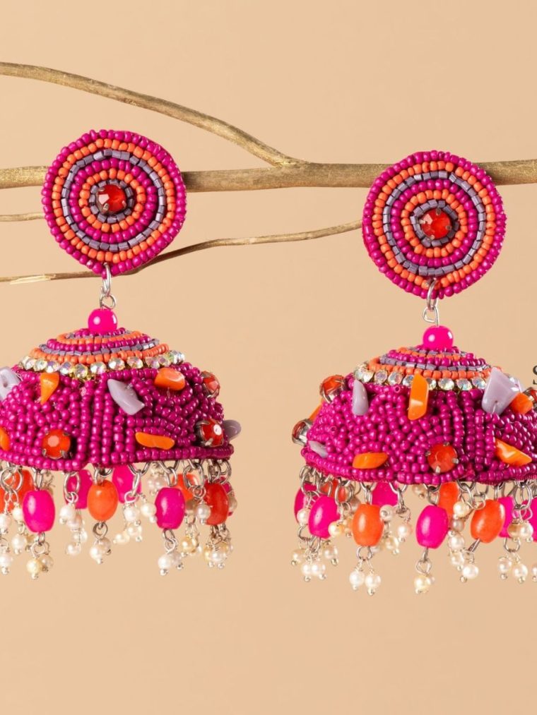 Eye Pleasing Handmade Beaded Pink Jhumkas