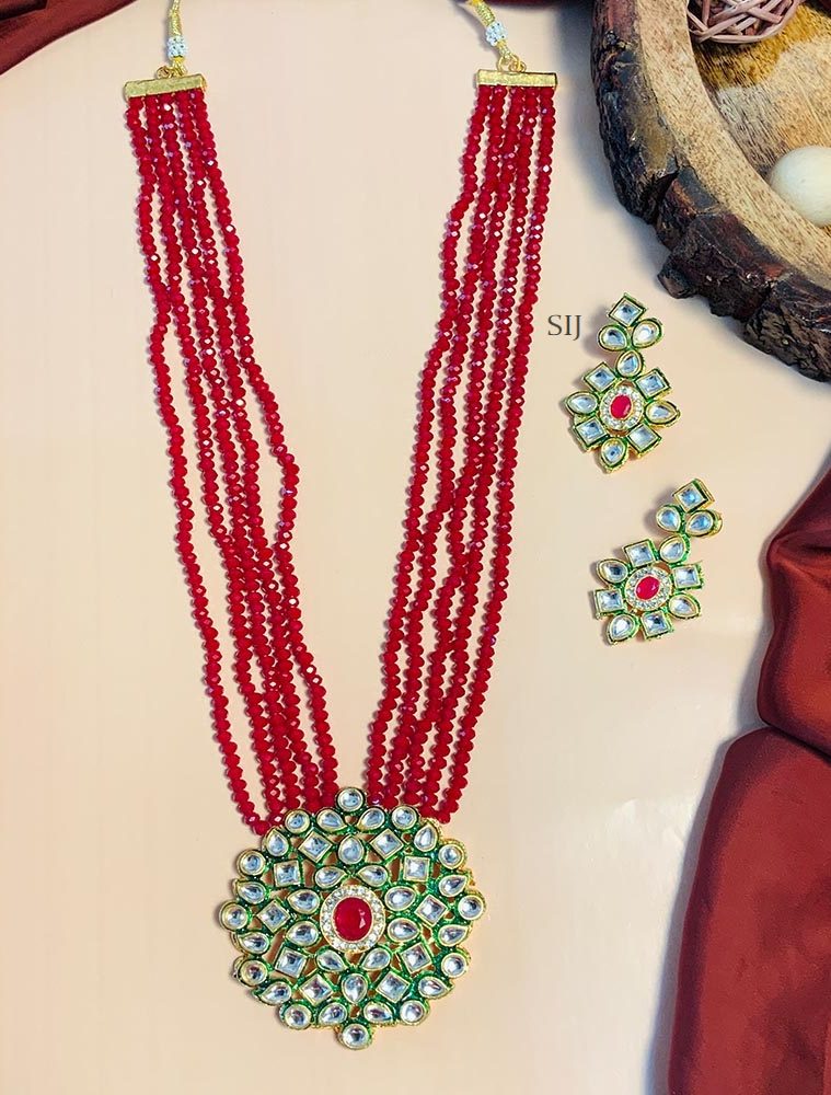 Marvelous Red Beads Mala with Kundan Pendant