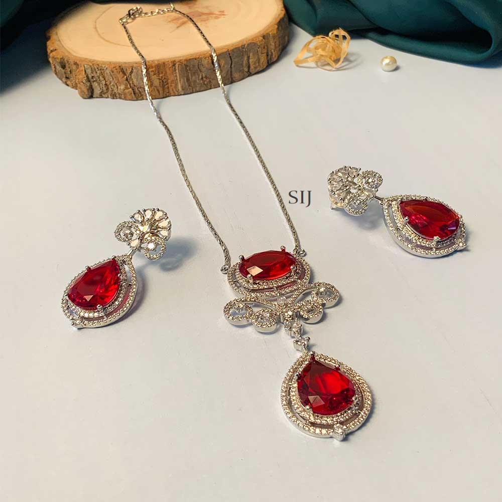Modern Silver Plated Cz Red Stone Pendant Chain