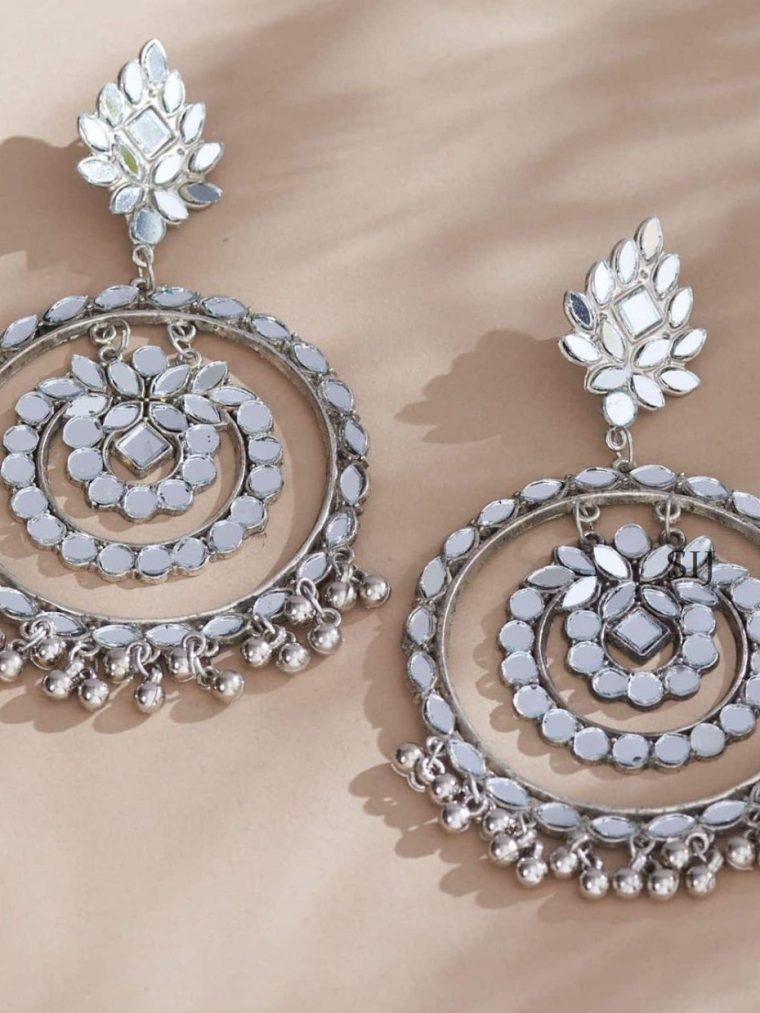 Pretty German Silver Mirror Chandbali Earrings