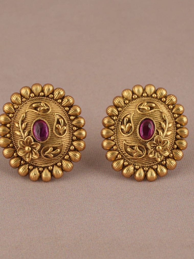 Stunning Gold Floral Oval Shaped Ruby Stone Studs