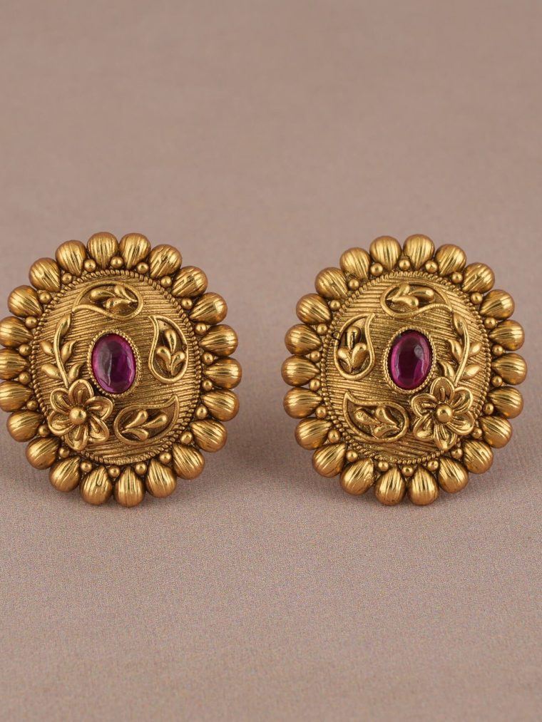 Stunning Gold Floral Oval Shaped Ruby Stone Studs