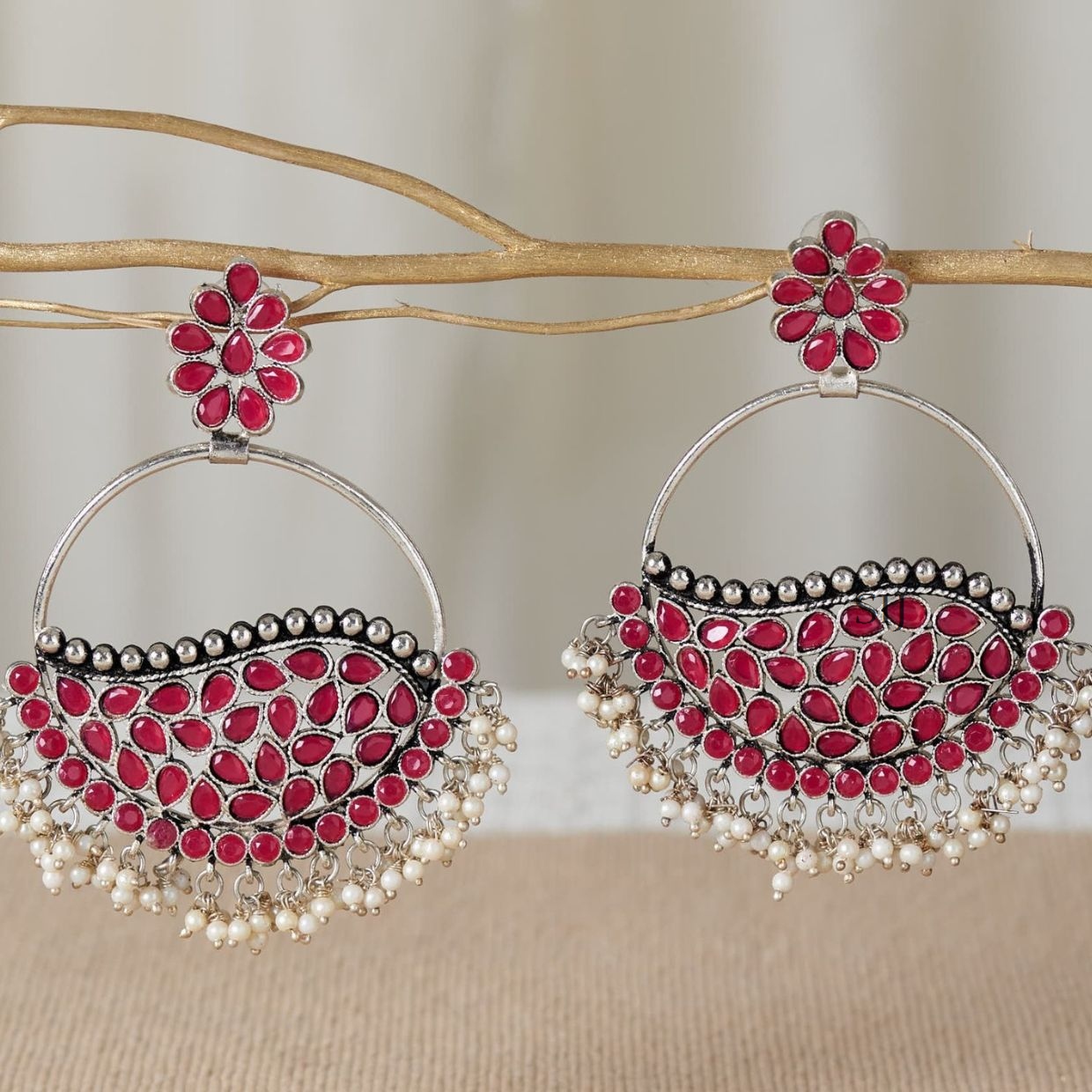 Traditional German Silver Pink Chandbali Earrings