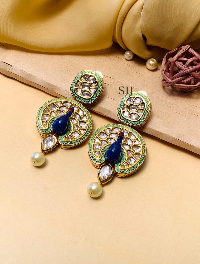 Traditional Peacock Pista Green Pachi Kundan Earrings