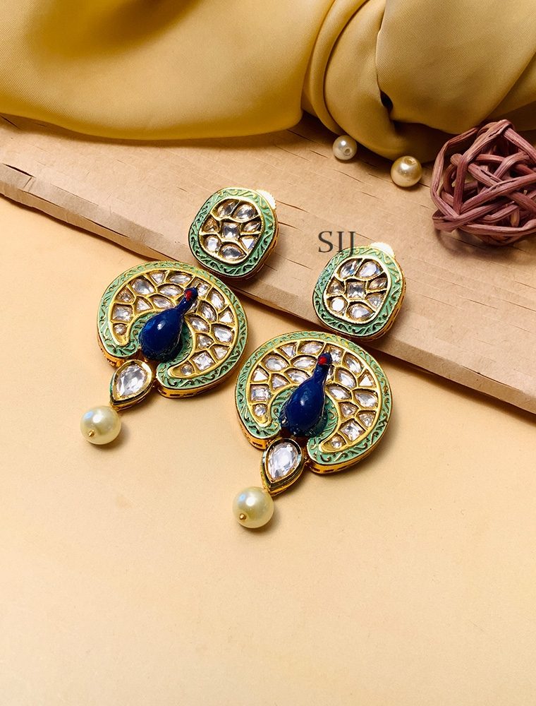 Traditional Peacock Pista Green Pachi Kundan Earrings