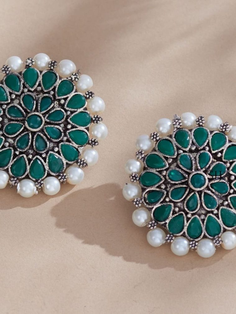 Trending German Silver Green Round Earrings