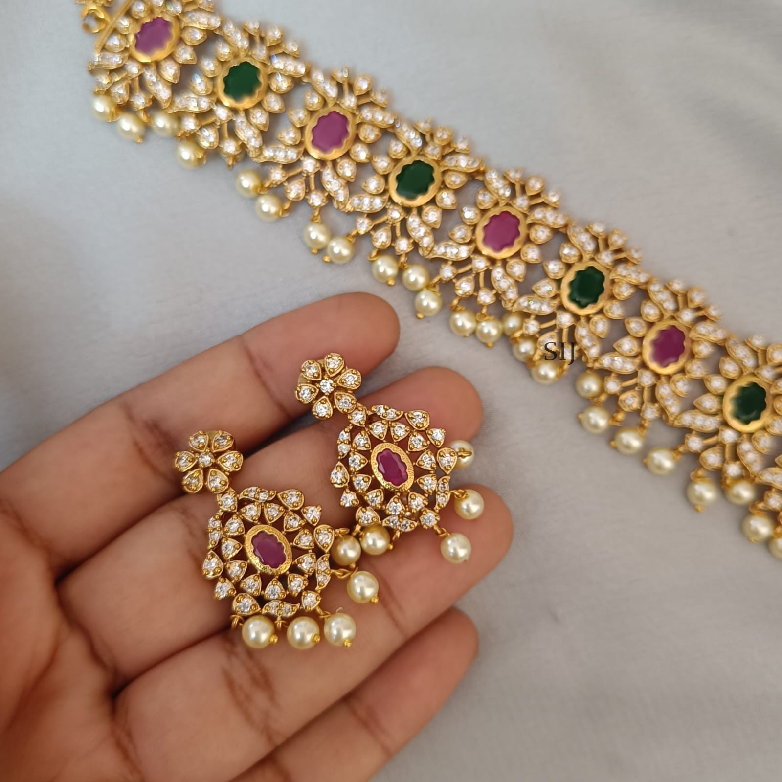 Trendy Bridal Choker Set in Pink and Green-1