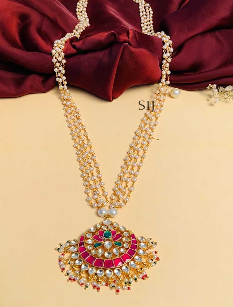 Trendy Pearls Mala with Paachi Kundan Lotus Pendant