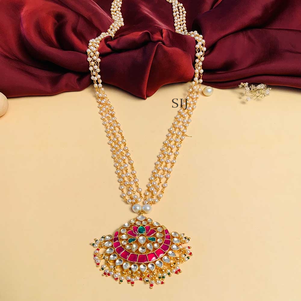 Trendy Pearls Mala with Paachi Kundan Lotus Pendant