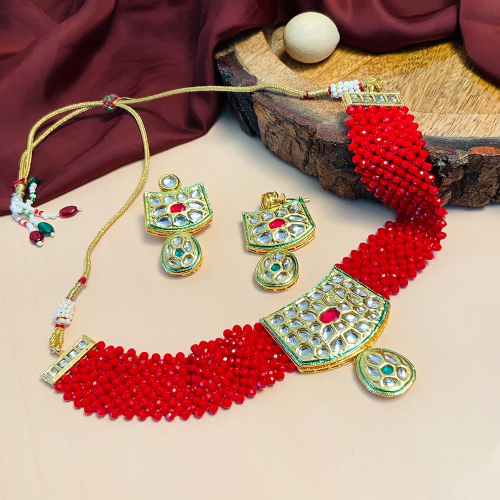 Unique Multi Layers Red Beads Choker with Kundan Pendant