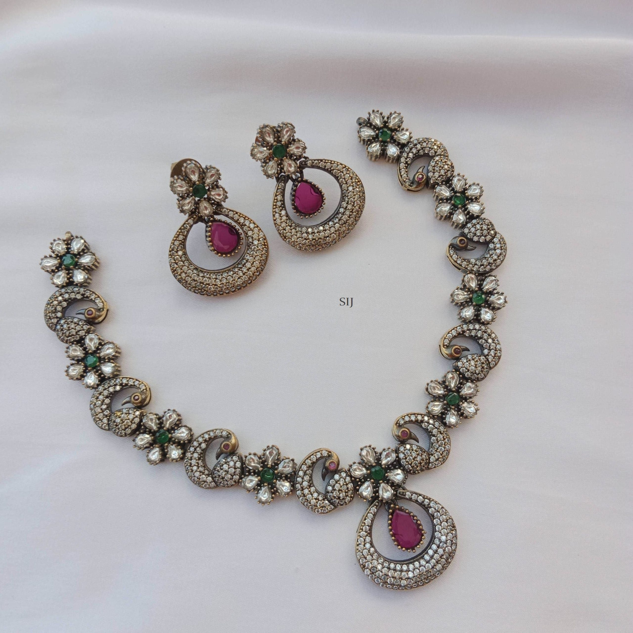 Gorgeous Peacock and Flower Victorian Necklace - South India Jewels