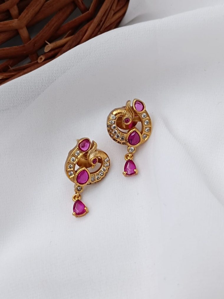 Stylish Ruby and White Stones Peacock Earrings