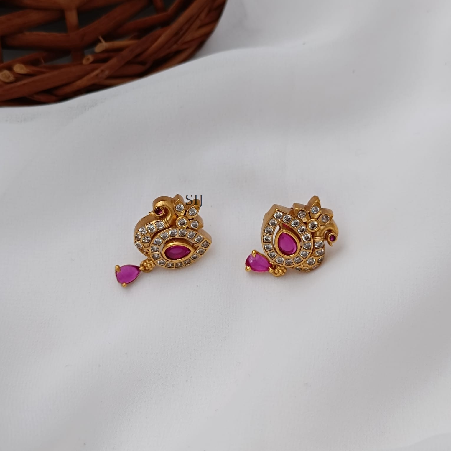 Marvelous Ruby and White Stones Peacock Earrings