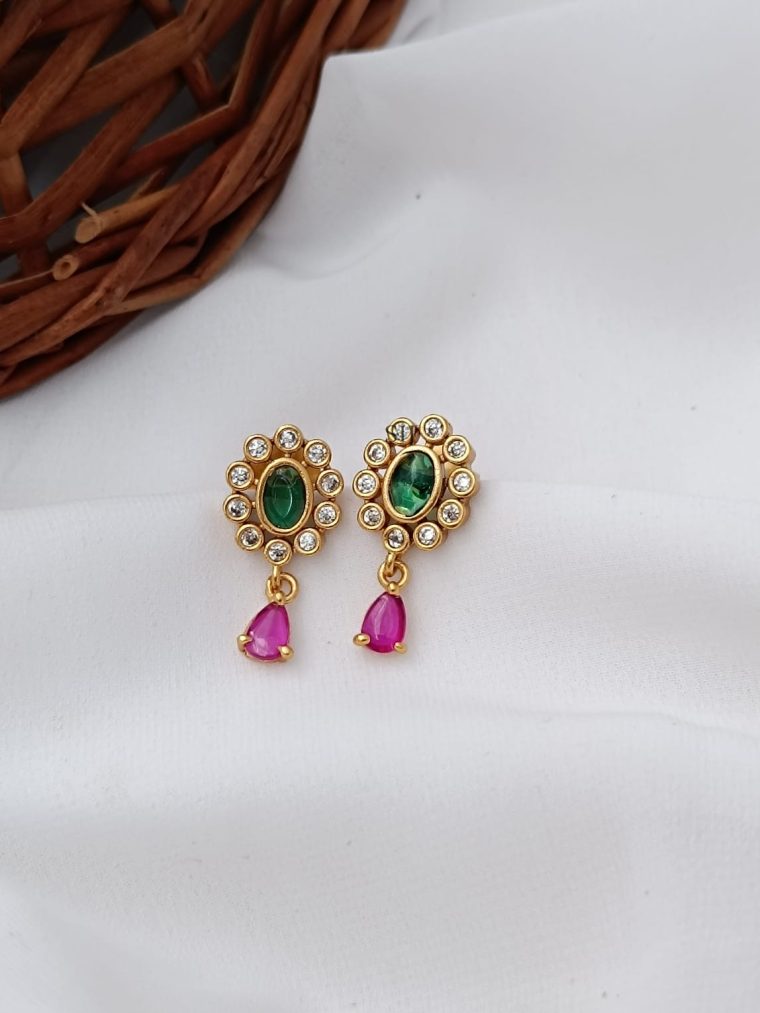 Cute Oval Green Stone and White Stones Earrings