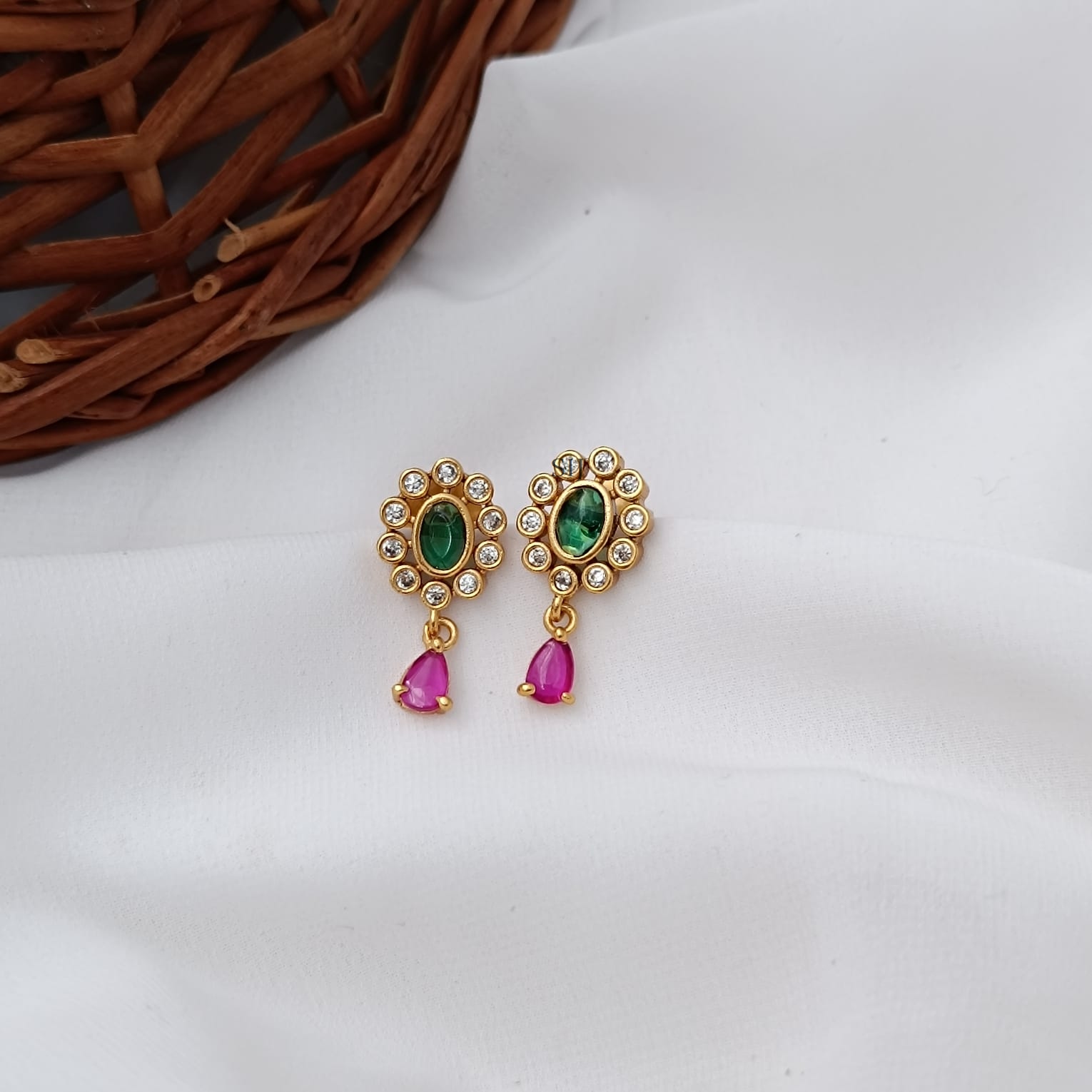 Cute Oval Green Stone and White Stones Earrings