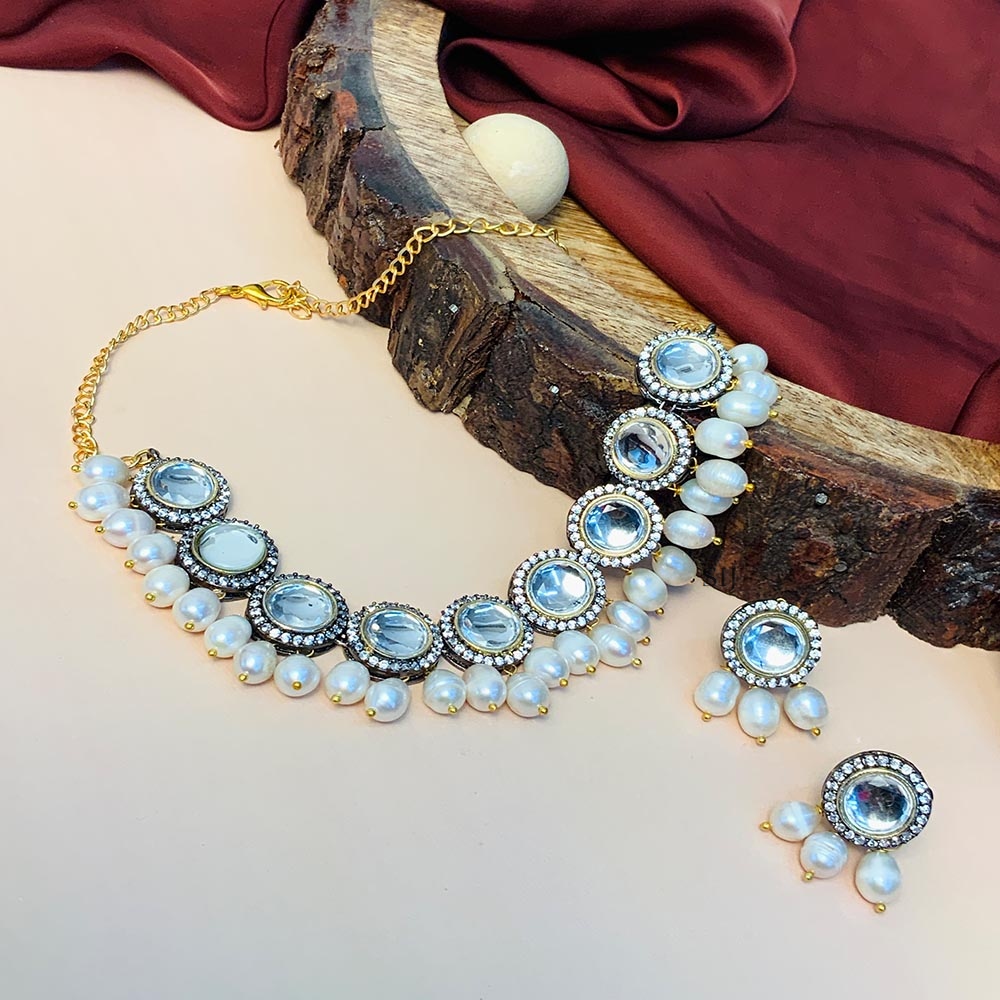 Unique Silver Plated Polki Pearl And Diamond Choker