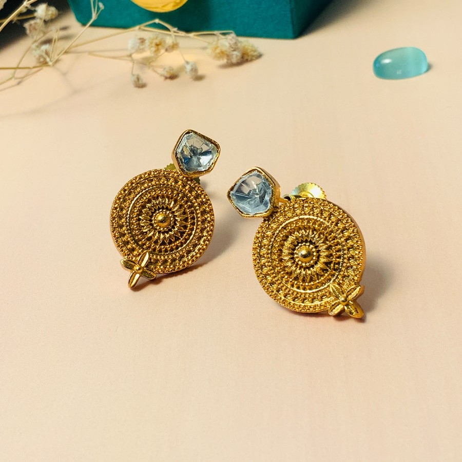 Stunning Gold Plated Kundan Polki Bead Stone Earrings