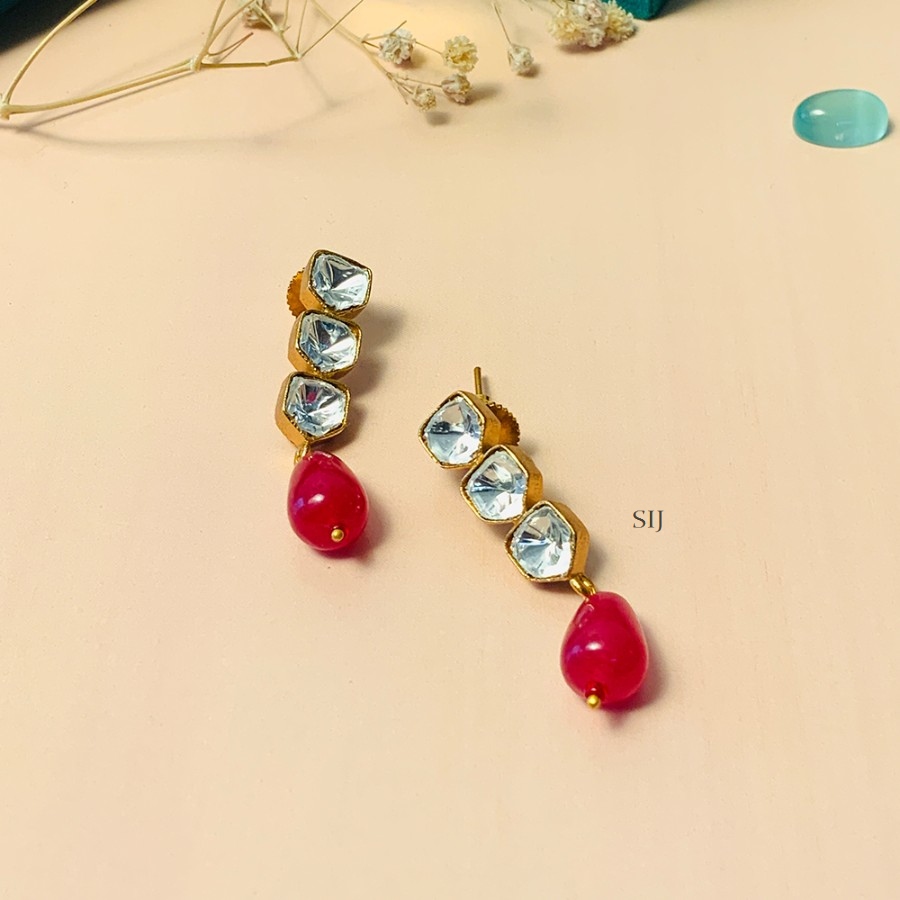 Sparkling Gold Plated Kundan Polki Bead Stone Earrings