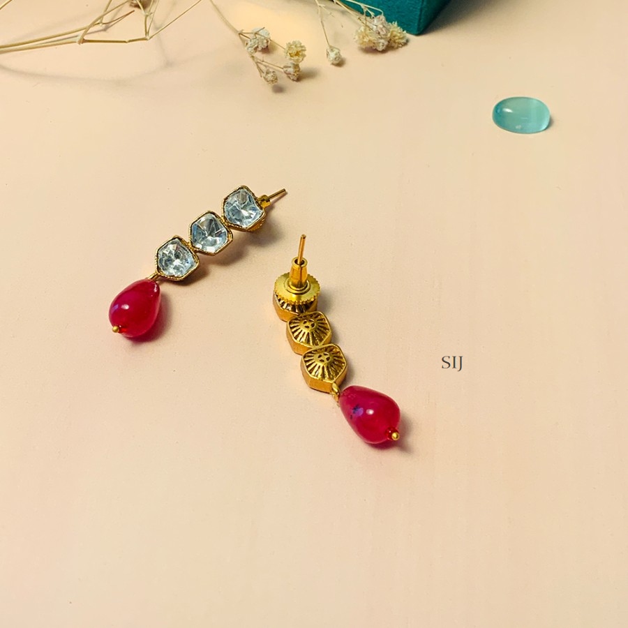 Sparkling Gold Plated Kundan Polki Bead Stone Earrings