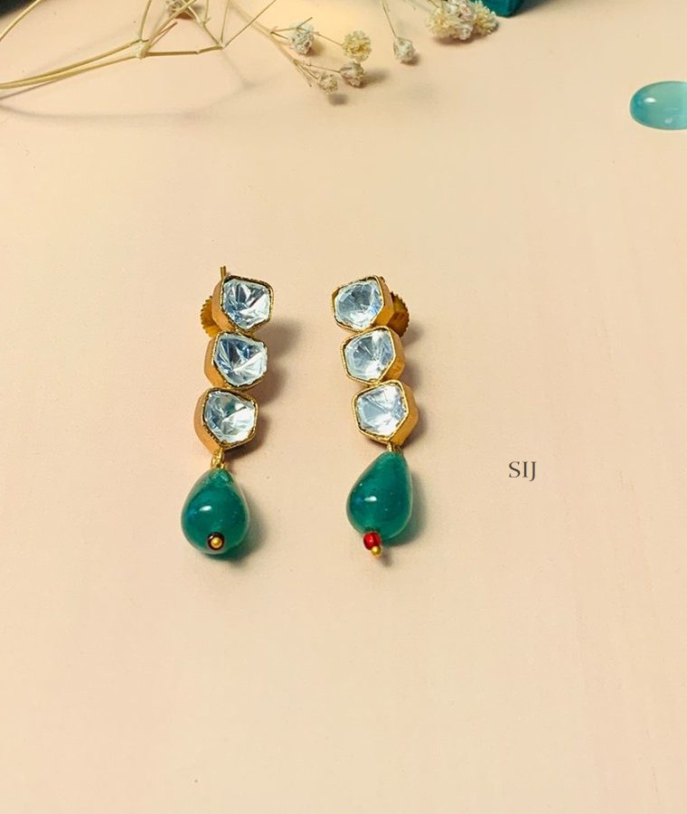 Stunning Gold Plated Kundan Polki Bead Stone Earrings