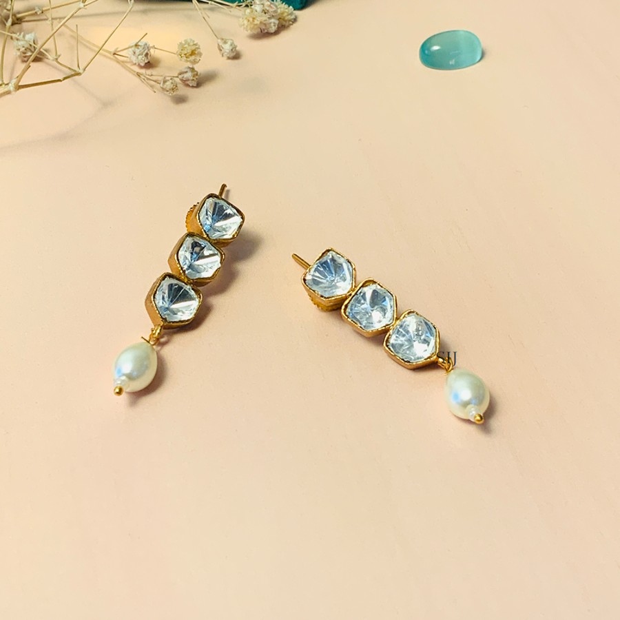 Unique Gold Plated Kundan Polki Bead Stone Earrings