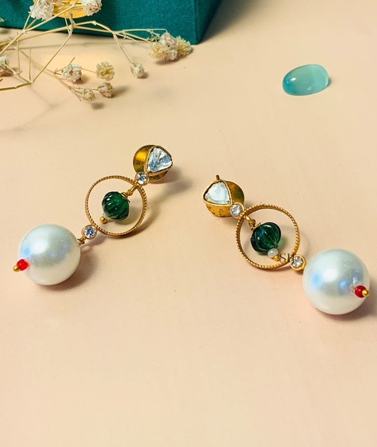 Beautiful Gold Plated Kundan Polki Bead Stone Earrings