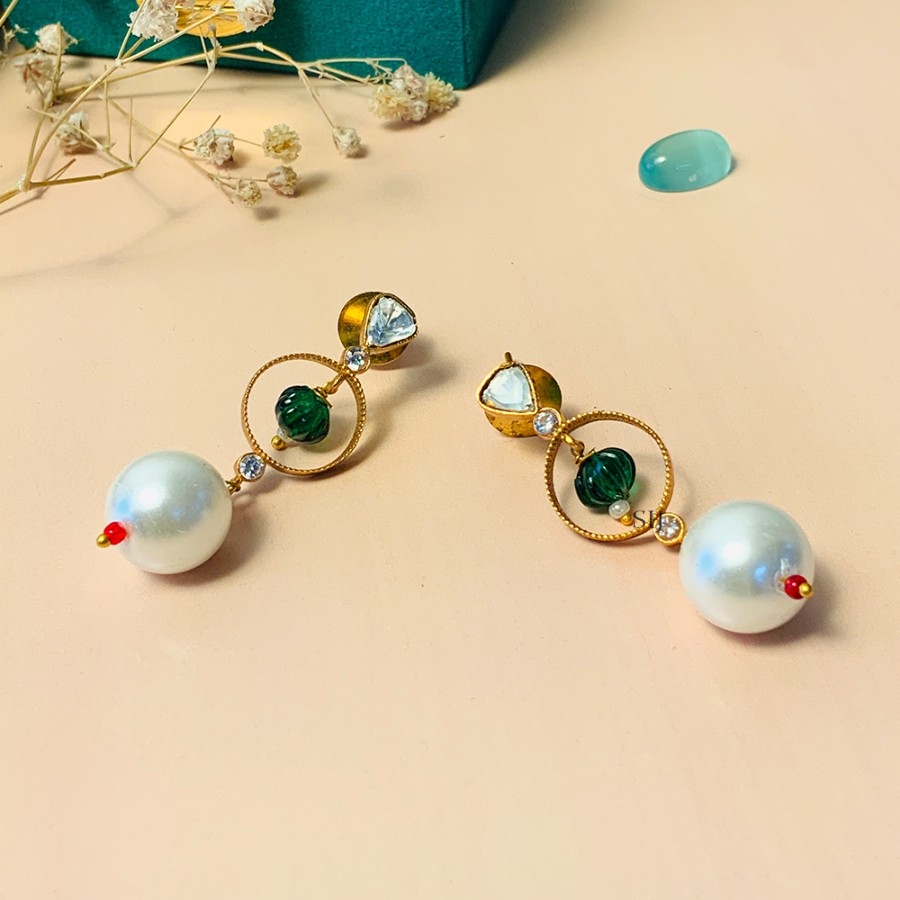 Beautiful Gold Plated Kundan Polki Bead Stone Earrings