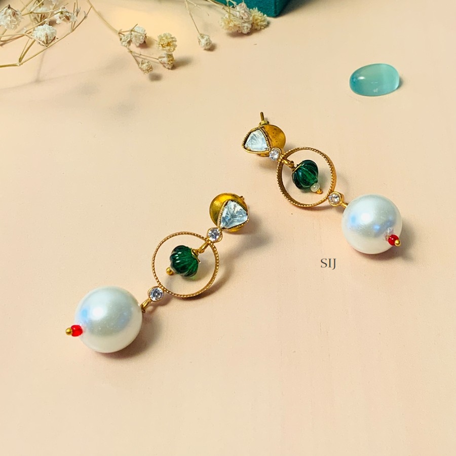 Beautiful Gold Plated Kundan Polki Bead Stone Earrings