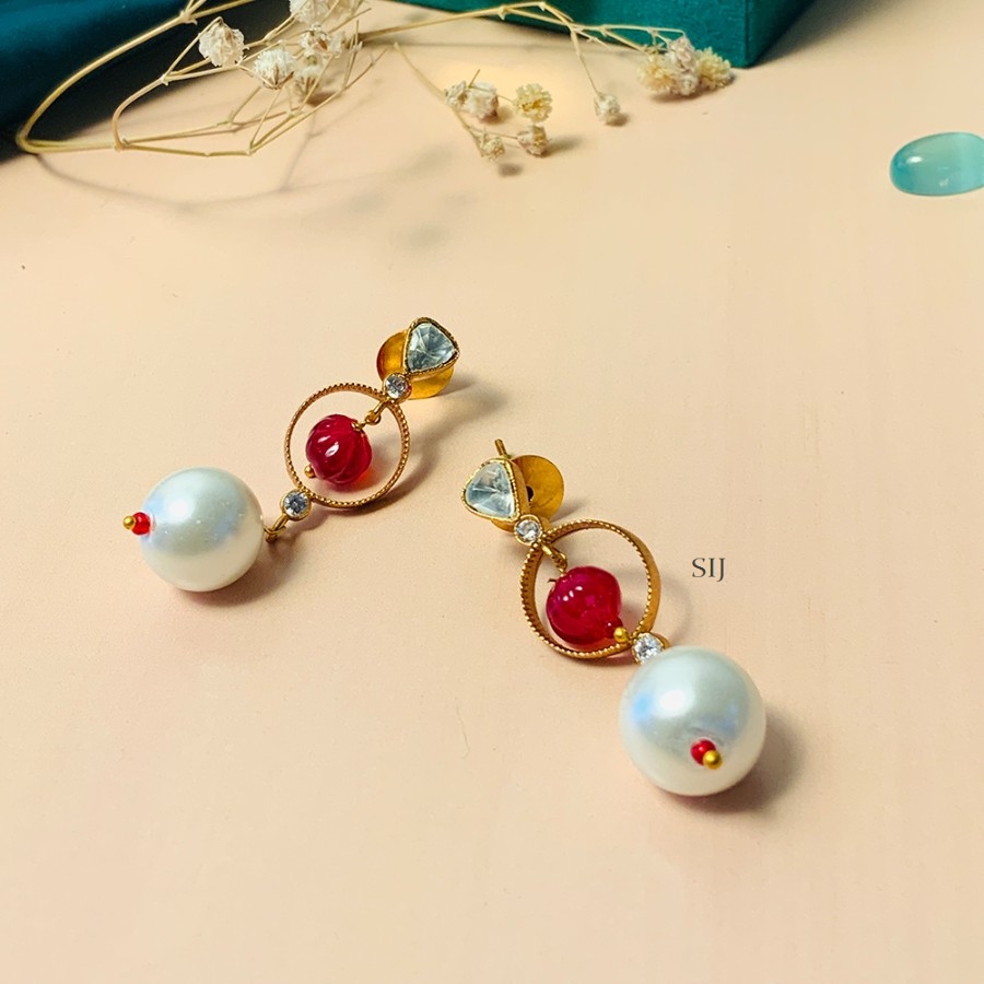Traditional Gold Plated Kundan Polki Bead Stone Earrings