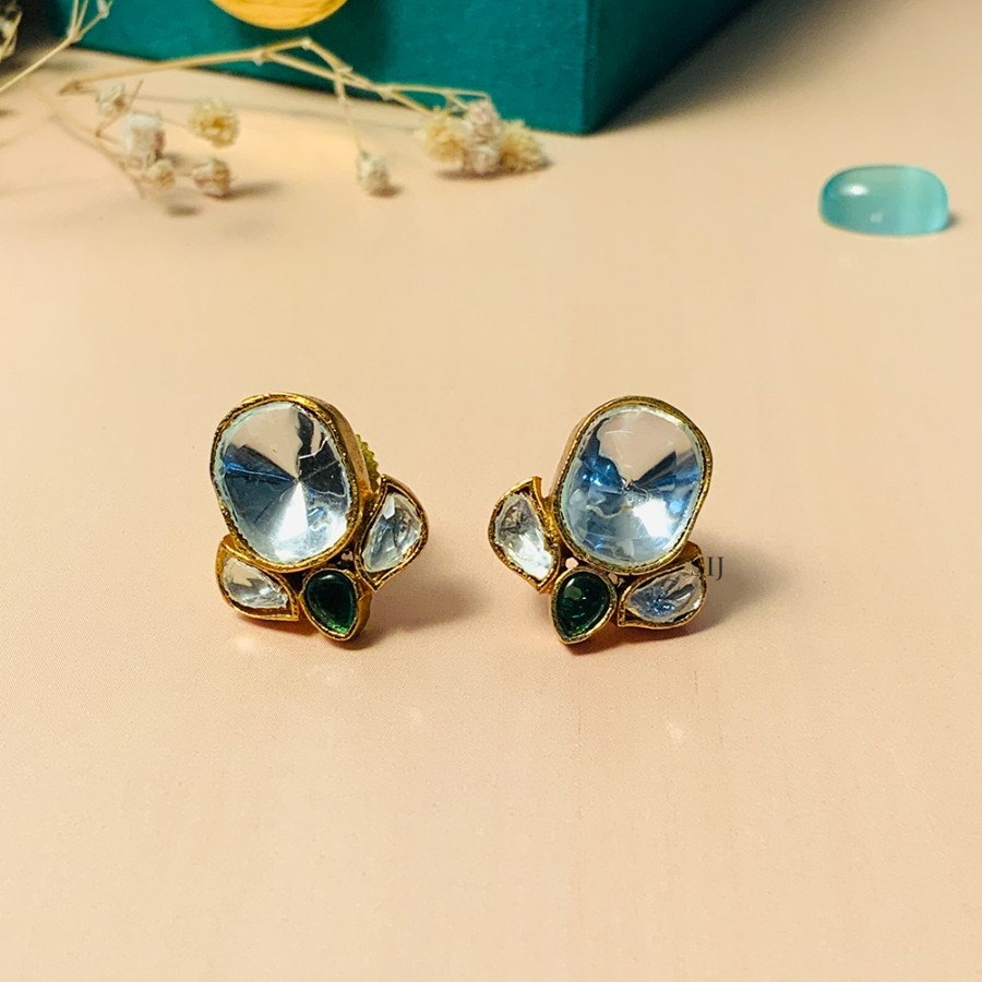 Classic Gold Plated Kundan Polki Bead Stone Earrings