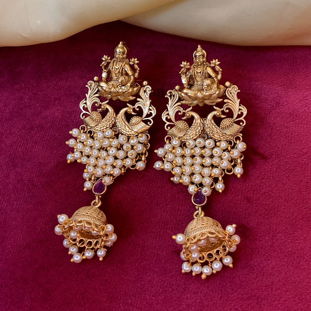 Traditional Lakshmi and Peacock Jhumkas - South India Jewels