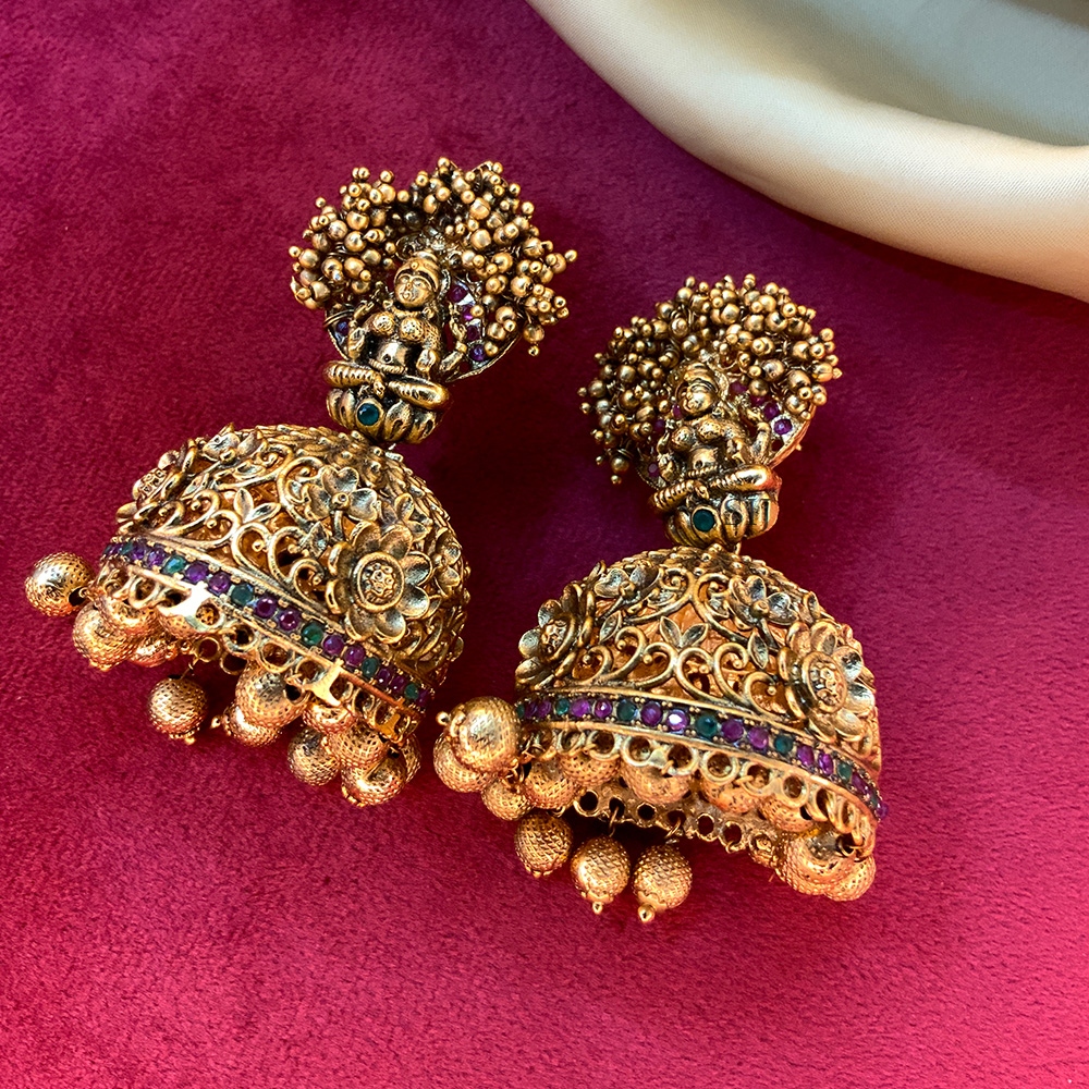 Cute Gold Plated Antique Temple Jhumkas