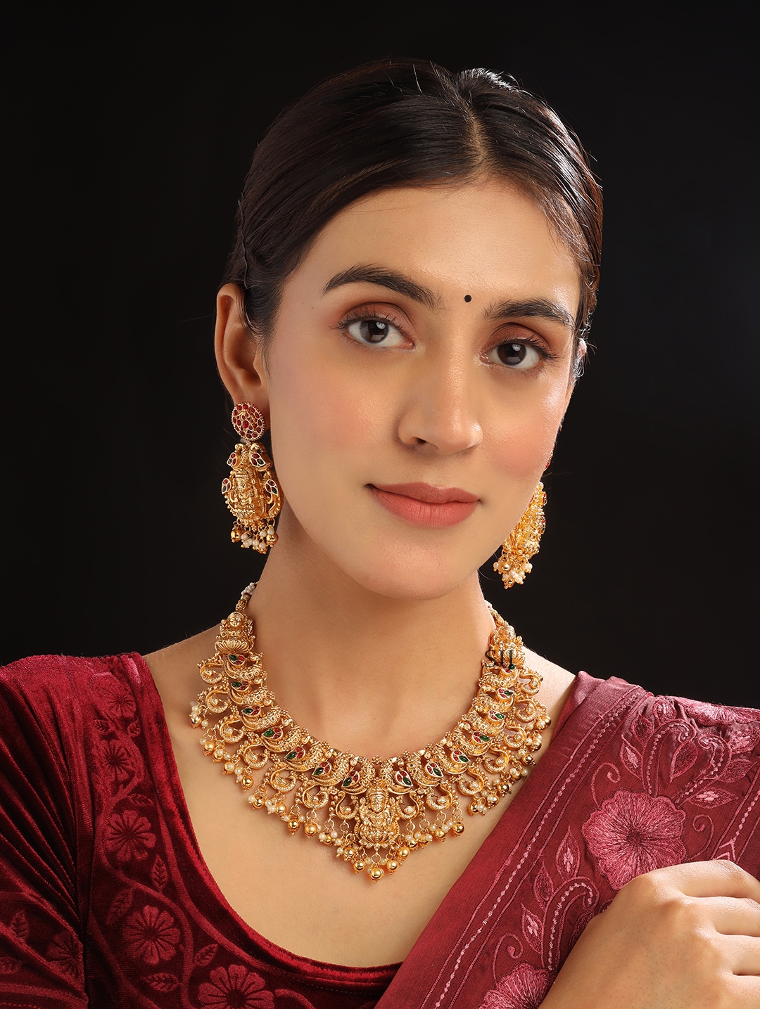 Maha Lakshmi and Peacock Necklace Set - South India Jewels
