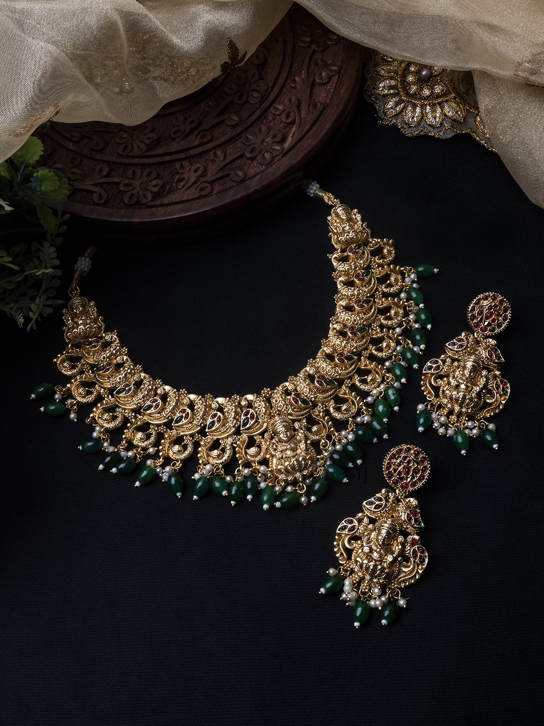 Attractive Maha Lakshmi Peacock Necklace Set with Green Beads