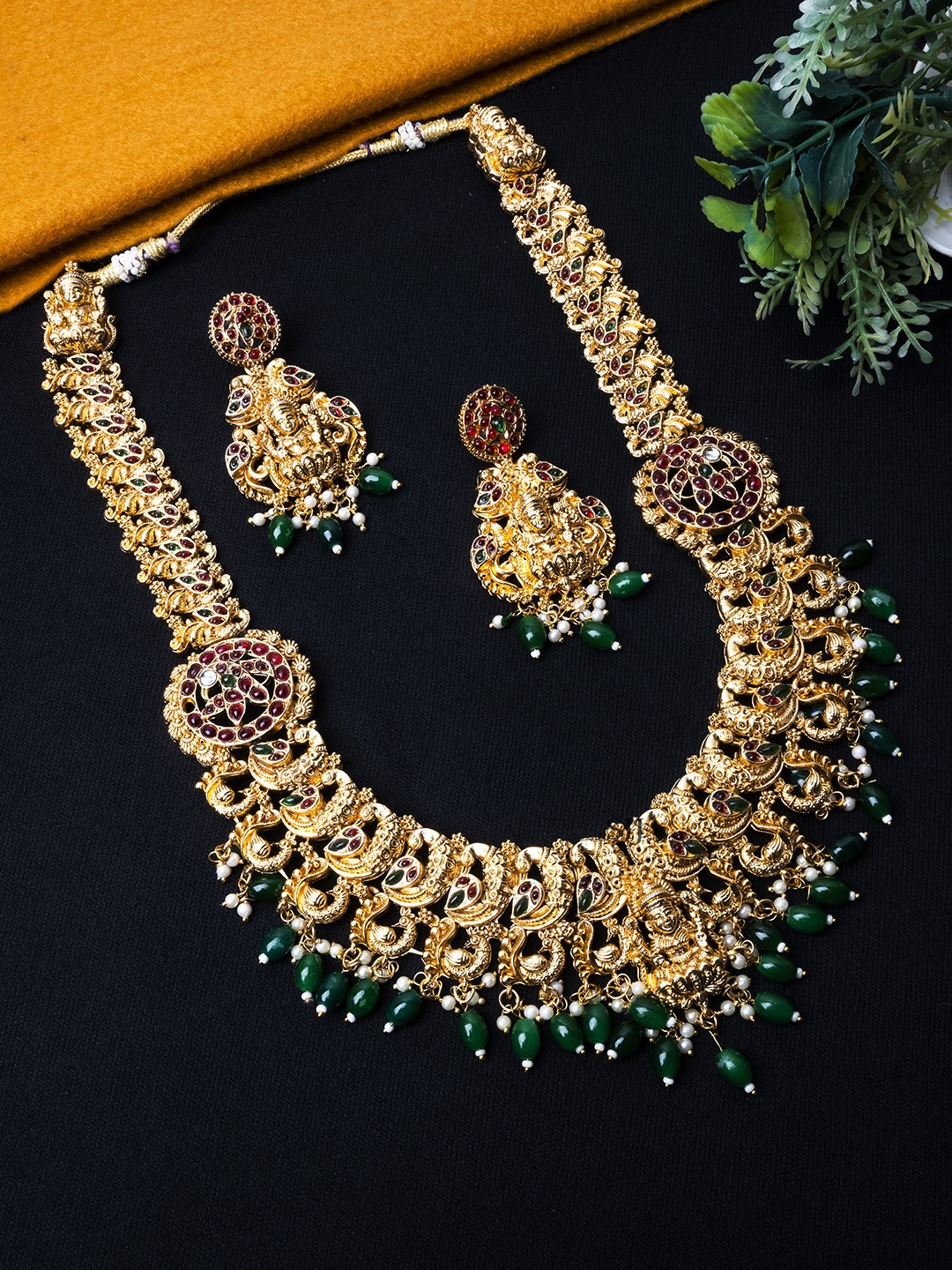 Marvelous Maha Lakshmi Peacock Haram Set with Green Beads