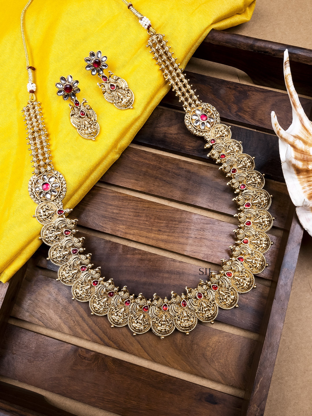 Traditional Lakshmi Coin Haram Set with Ruby Kemp Stones
