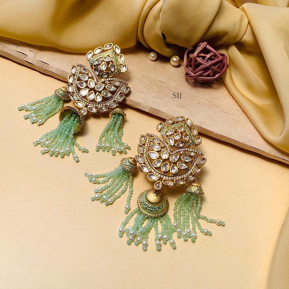 Trendy Kundan AD Stones Earrings with Green Beads Hangings