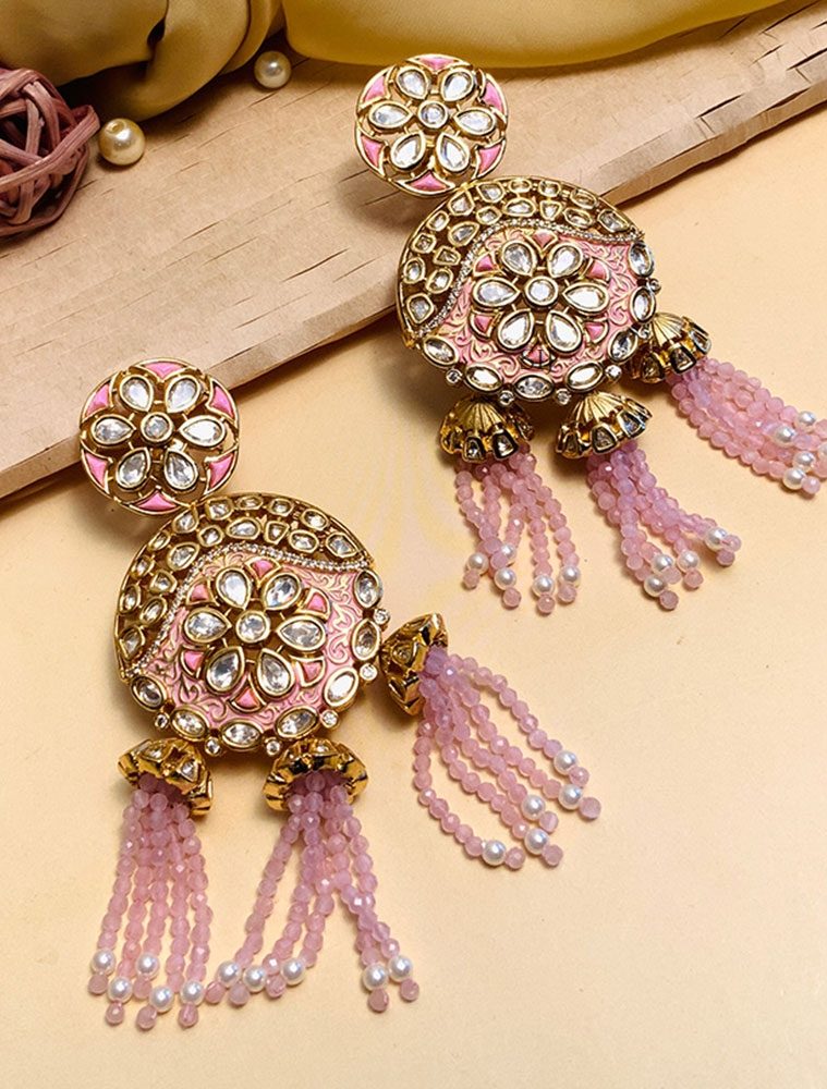 Cute Kundan AD Stones Earrings with Pink Beads Hangings