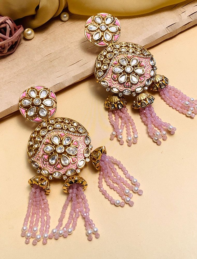 Cute Kundan AD Stones Earrings with Pink Beads Hangings