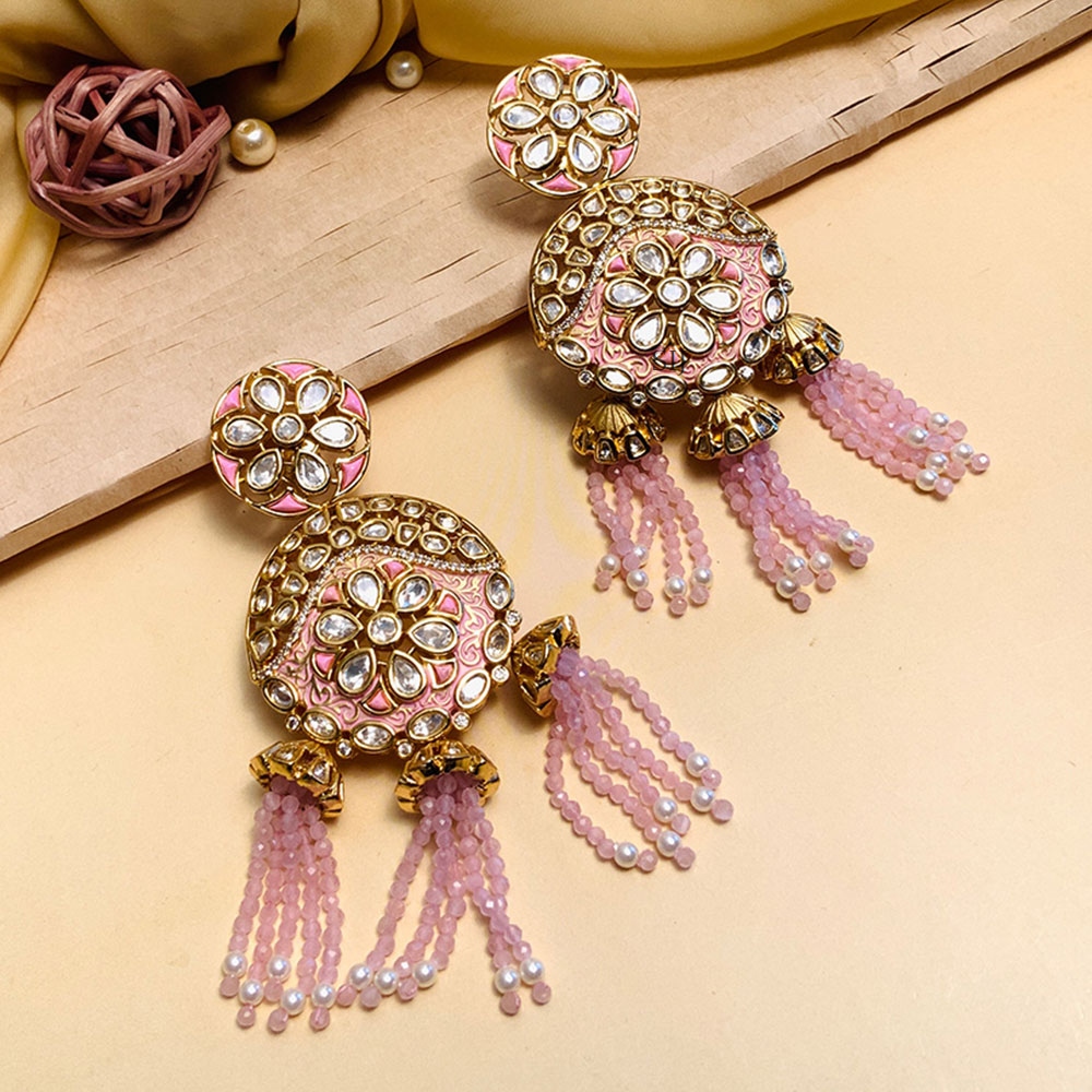 Cute Kundan AD Stones Earrings with Pink Beads Hangings