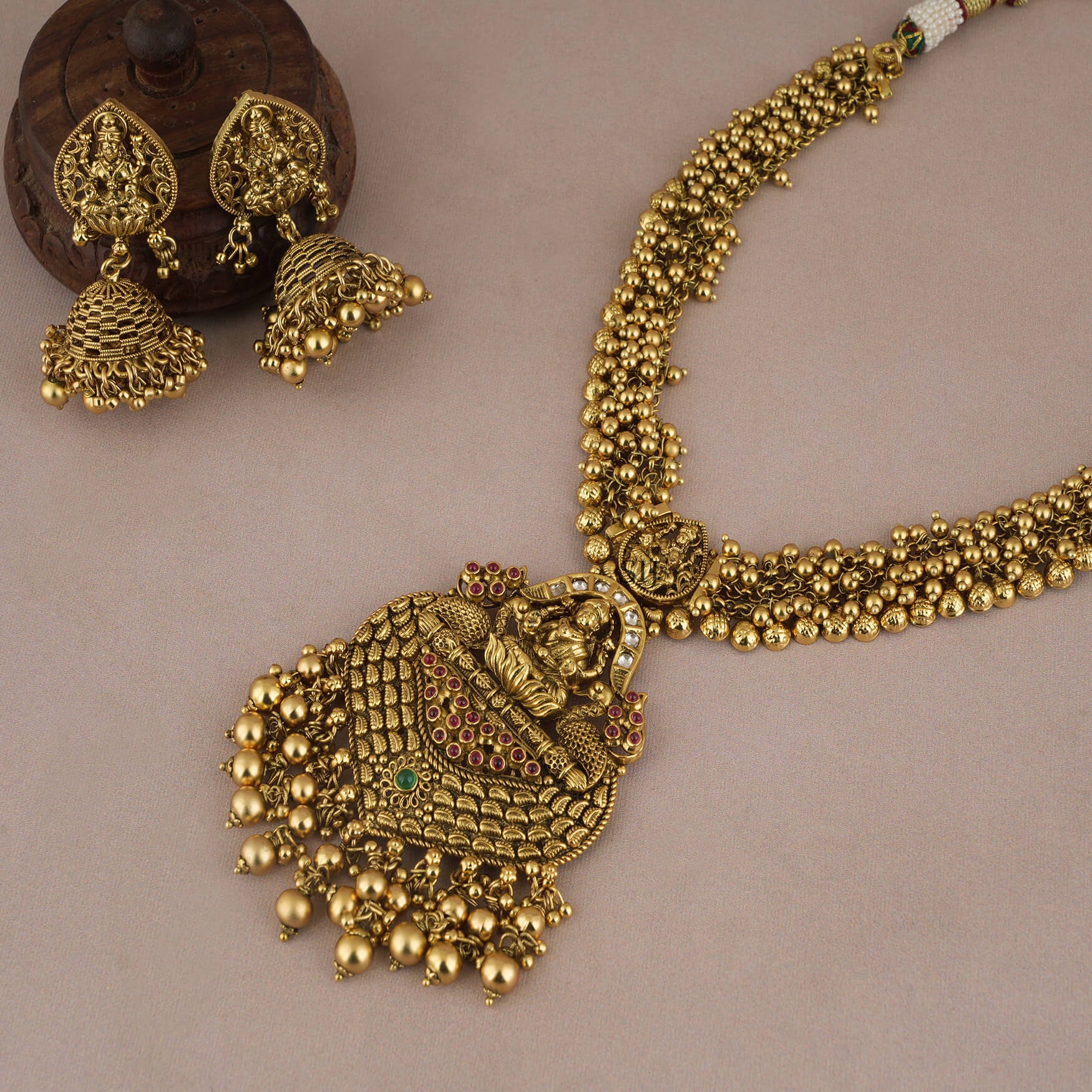 Charming Maa Lakshmi Antique Gold Finish Necklace Set