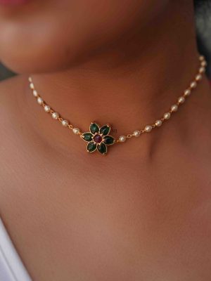 One Gram Gold Emerald Single Line Pearls Choker