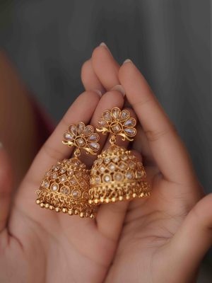 One Gram Gold Floral Stones Jhumkas
