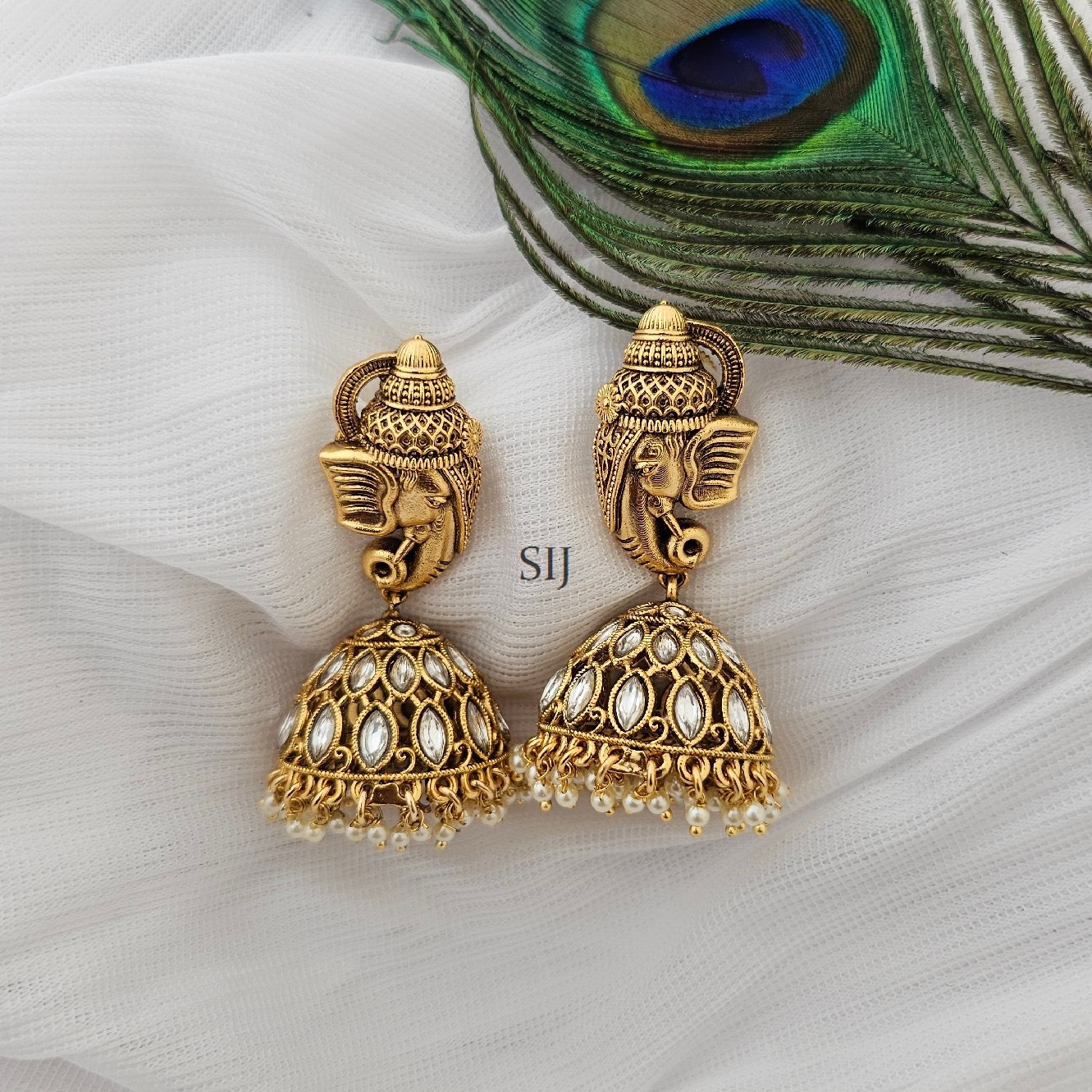 Allure Kundan Stone Ganesh Jhumkas - South India Jewels