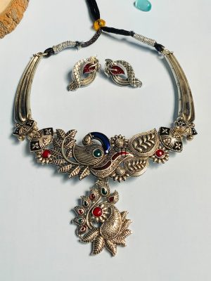 Fancy Matt Finish German Silver Stone Necklace