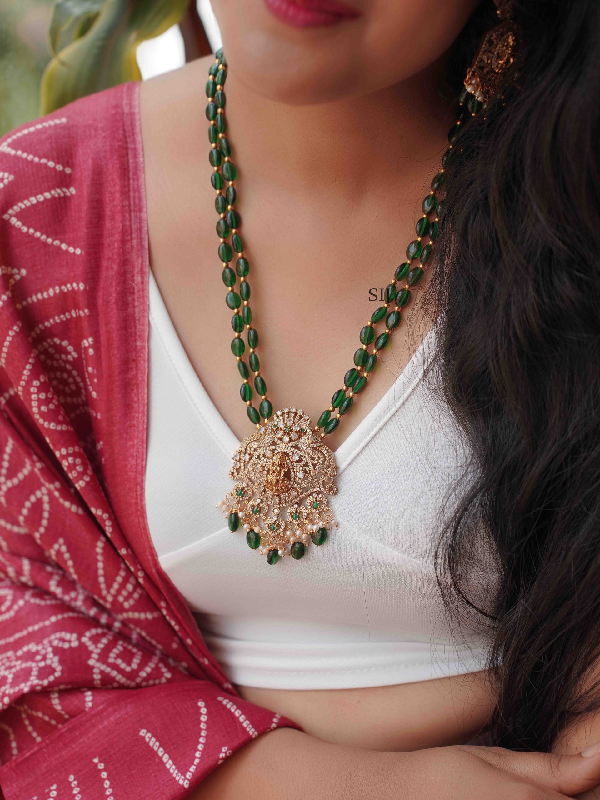 Gorgeous Emerald Beads with Lakshmi Pendent Haram